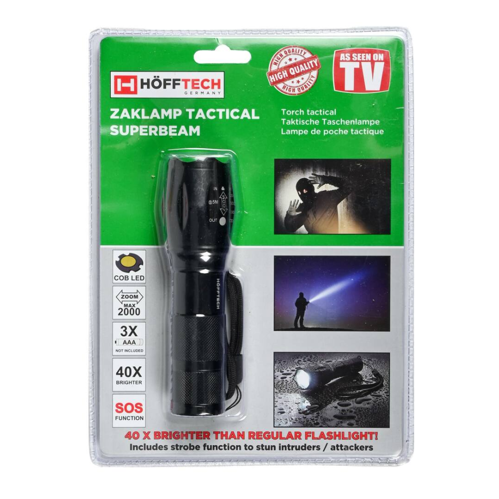 Tactical Superbeam Zaklamp 5W – Aluminium | 5 Lichtstanden & Verdedigingsfunctie
