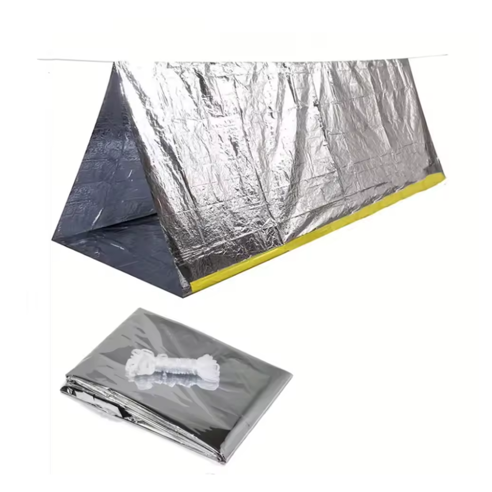 Noodtent van Aluminiumfolie – 250 x 150 cm | Lichtgewicht, Waterdicht & Warmtereflecterend – Inclusief Touw & Opbergzakje