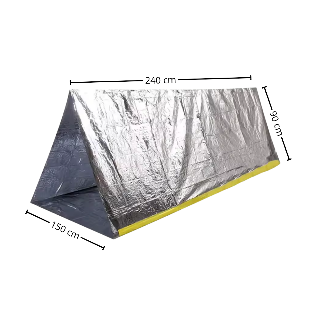 Noodtent van Aluminiumfolie – 250 x 150 cm | Lichtgewicht, Waterdicht & Warmtereflecterend – Inclusief Touw & Opbergzakje